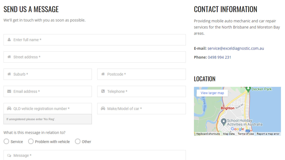 Excel Diagnostic contact form page